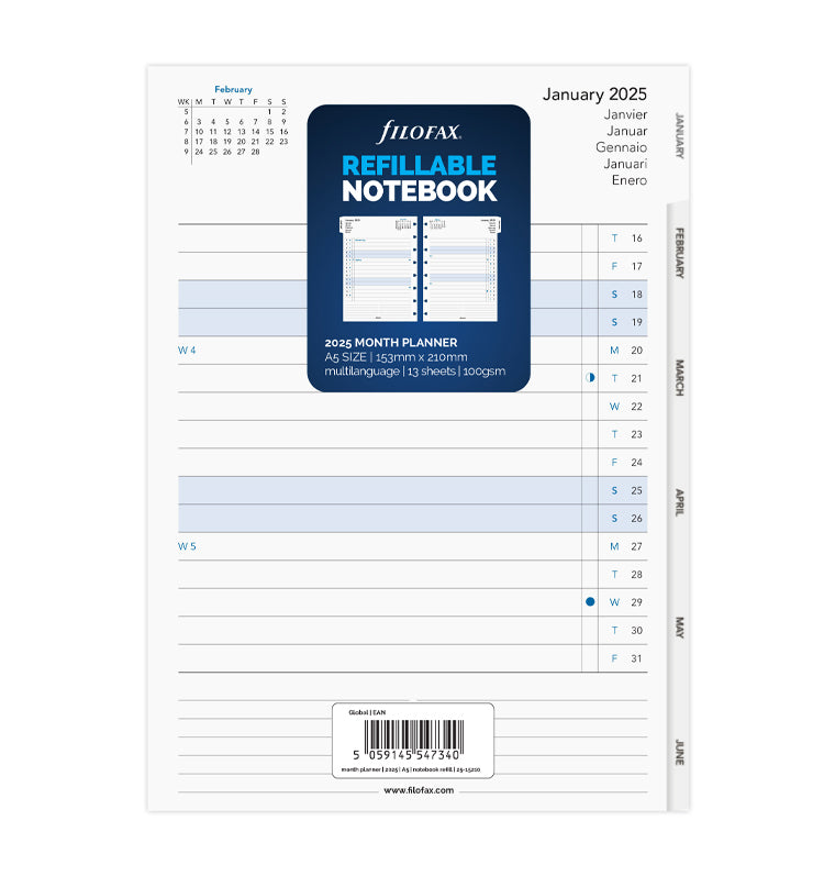 Piano Mensile Filofax Notebook 2025 Multilingua A5 - 25-15210