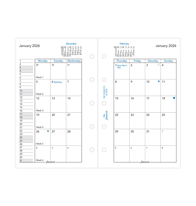 Planner mensile su due pagine Mini - Inglese 2026 Filofax 26-68110