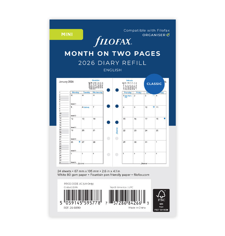 Planner mensile su due pagine Mini - Inglese 2026 Filofax 26-68110