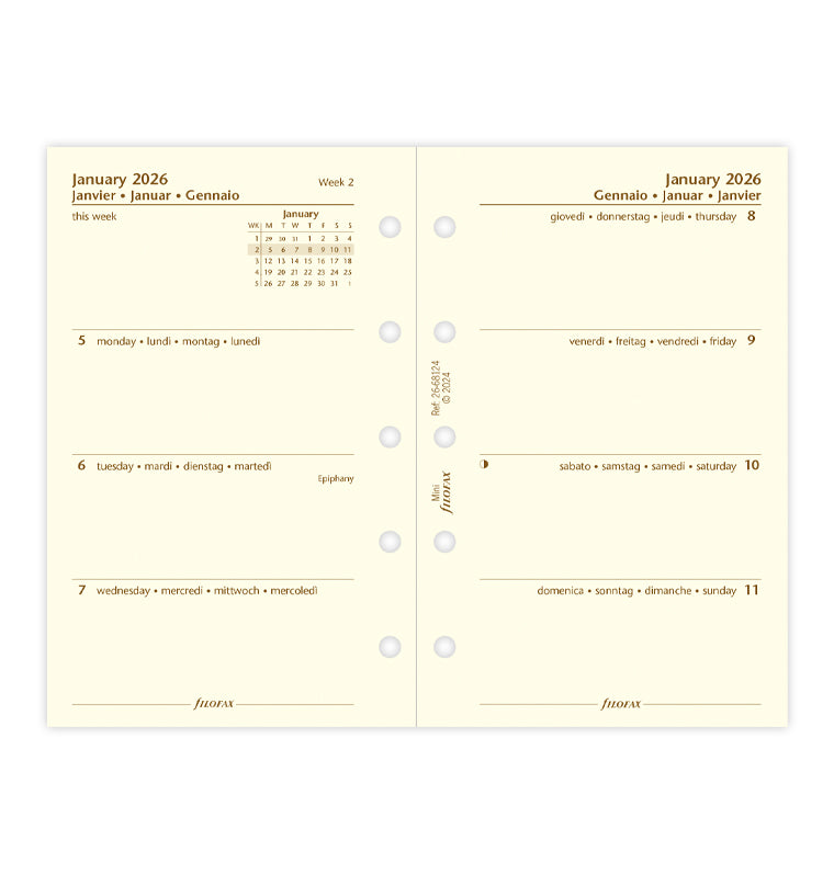 Calend. 1 Settimana su 2 Pagine Mini - Multilingua 2026 Filofax 26-68124