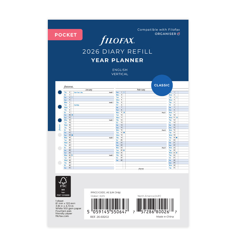 Planner annuale verticale Pocket - Inglese 2026 - 26-68202