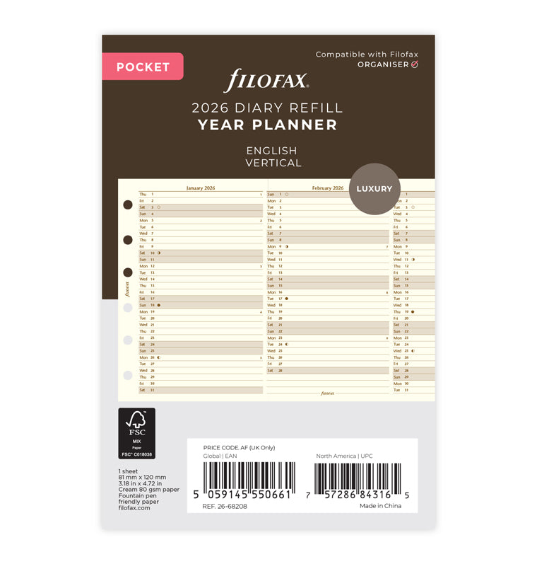 Planner annuale verticale Crema Pocket - Inglese 2026