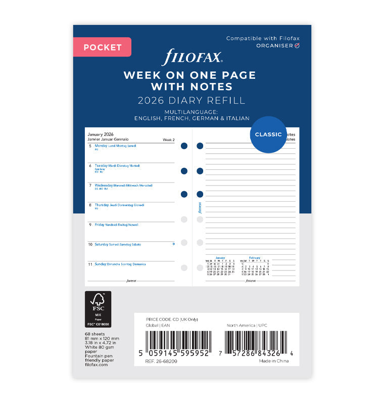 Calend. 1 Settimana per Pagina Pocket - Multilingua 2026 Filofax 26-68209