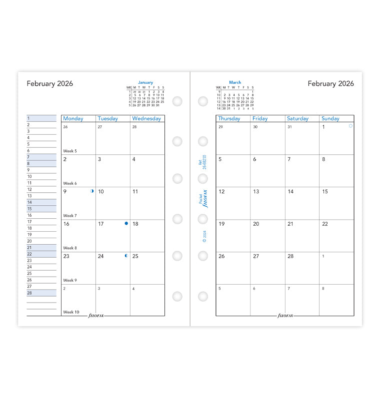 Calend. 1 Mese su 2 Pagine Pocket - Inglese 2026 Filofax 26-68210