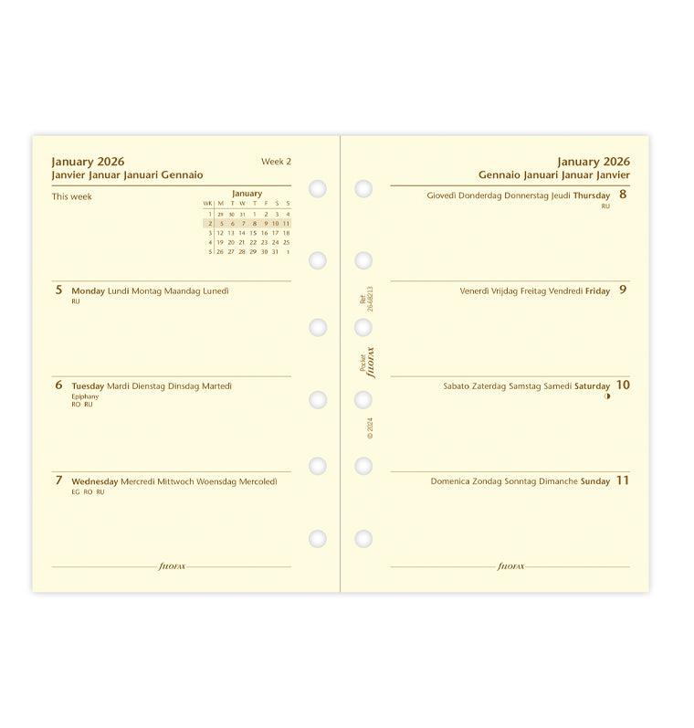 Calend. 1 Settimana su 2 Pagine Pocket Crema - Multilingua 2026 Filofax 26-68213