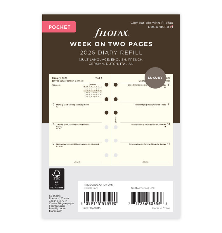 Calend. 1 Settimana su 2 Pagine Pocket Crema - Multilingua 2026 Filofax 26-68213
