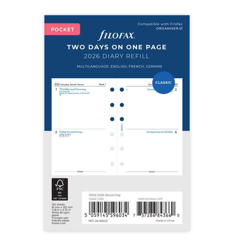 Calend. 2 Giorni per Pagina Pocket - Multilingua 2026 Filofax 26-68223