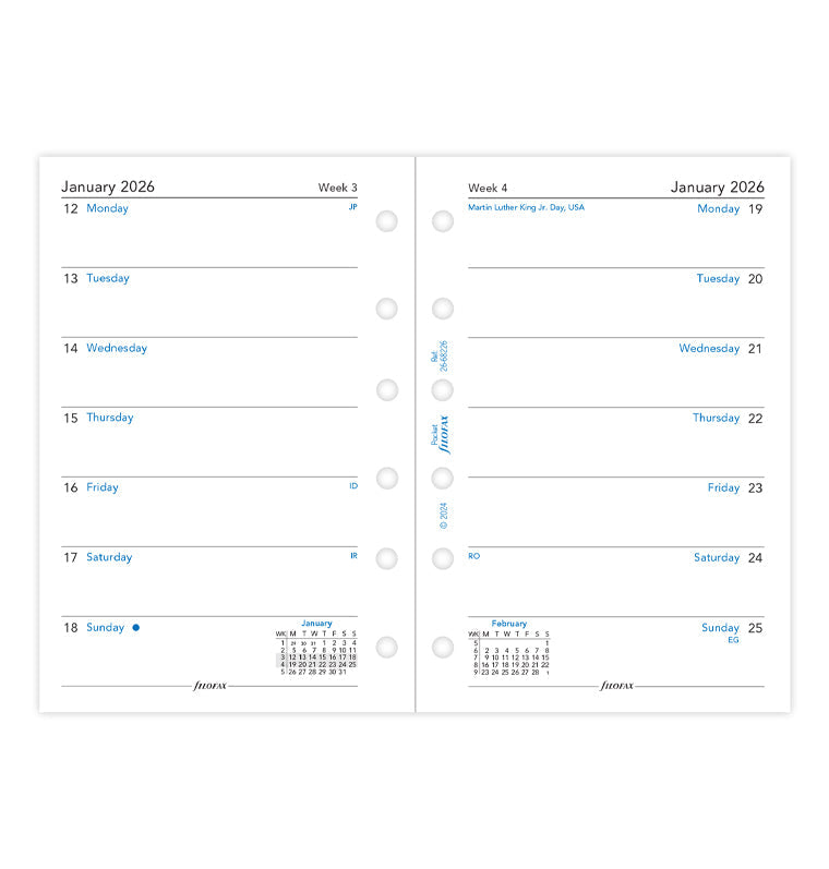Calend. 1 Settimana per Pagina Pocket - Inglese 2026 Filofax 26-68226