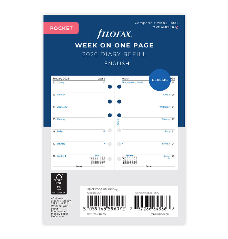 Calend. 1 Settimana per Pagina Pocket - Inglese 2026 Filofax 26-68226