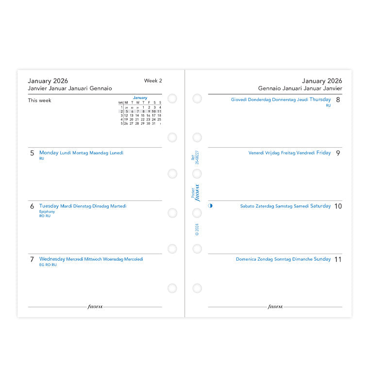 Calend. 1 Settimana su 2 Pagine Pocket - Multilingua 2026 Filofax 26-68227