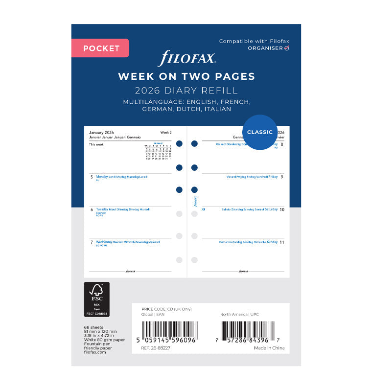 Calend. 1 Settimana su 2 Pagine Pocket - Multilingua 2026 Filofax 26-68227