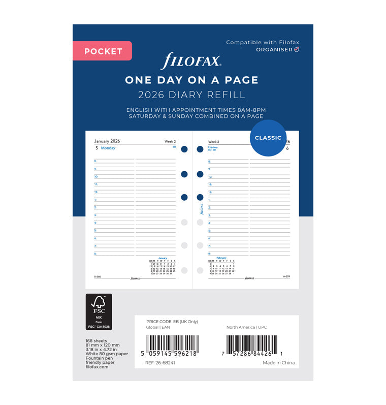 Calend. 1 Giorno per Pagina Pocket - Inglese 2026 Filofax 26-68241