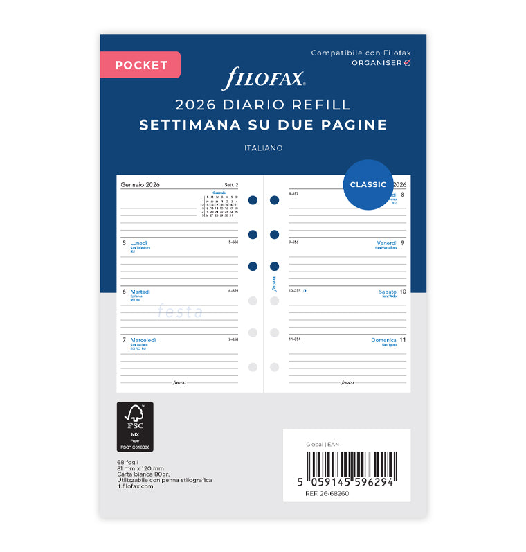 Calend. 1 Settimana su 2 Pagine Pocket - Italiano 2026 Filofax 26-68260