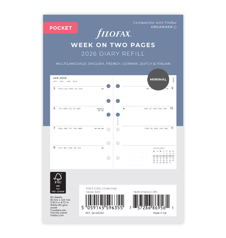 Diario Settimanale Minimal Pocket - Multilingua 2026 Filofax 26-68290