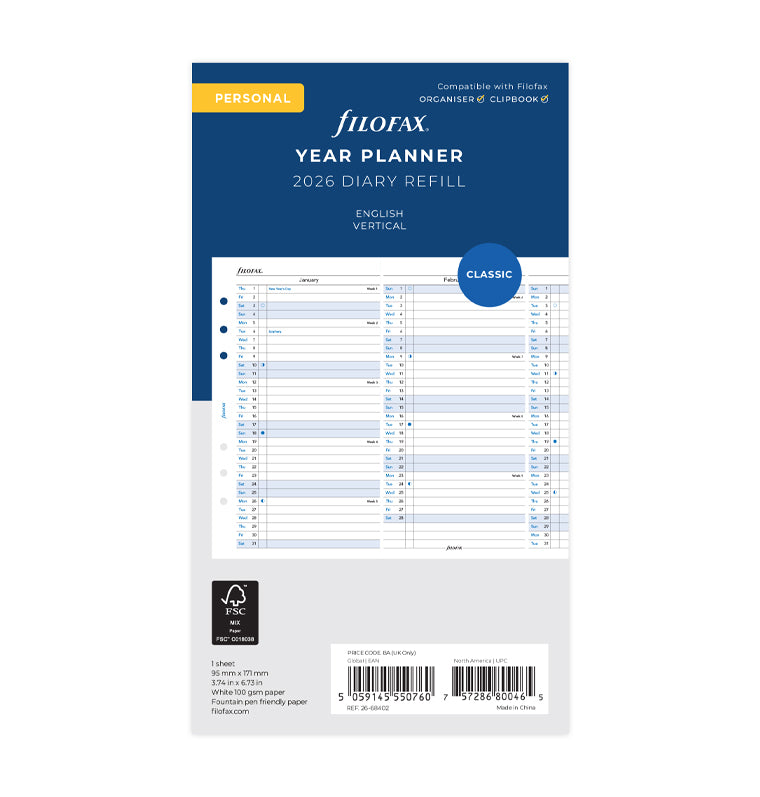 Planner annuale verticale Personal - Inglese 2026 - 26-68402