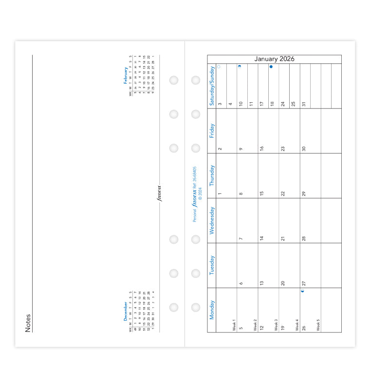 Month On One Page Diary with Notes - Personal 2026 English Filofax 26-68405