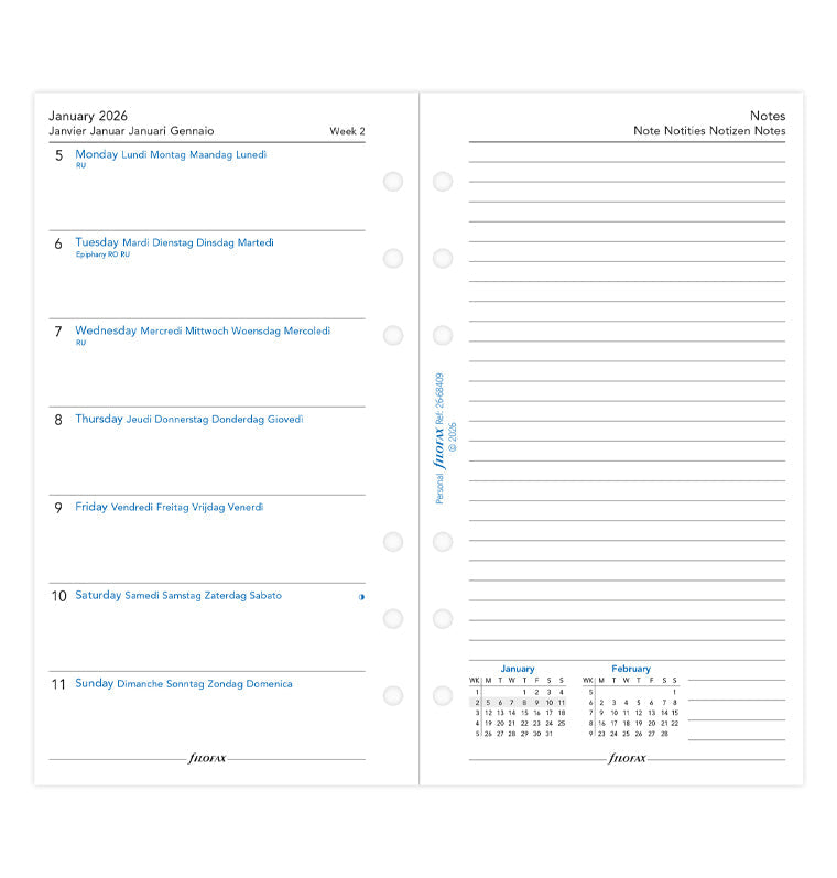 Calend. 1 Settimana per Pagina + Sez. Notizie Personal - Multilingua 2026 Filofax 26-68409