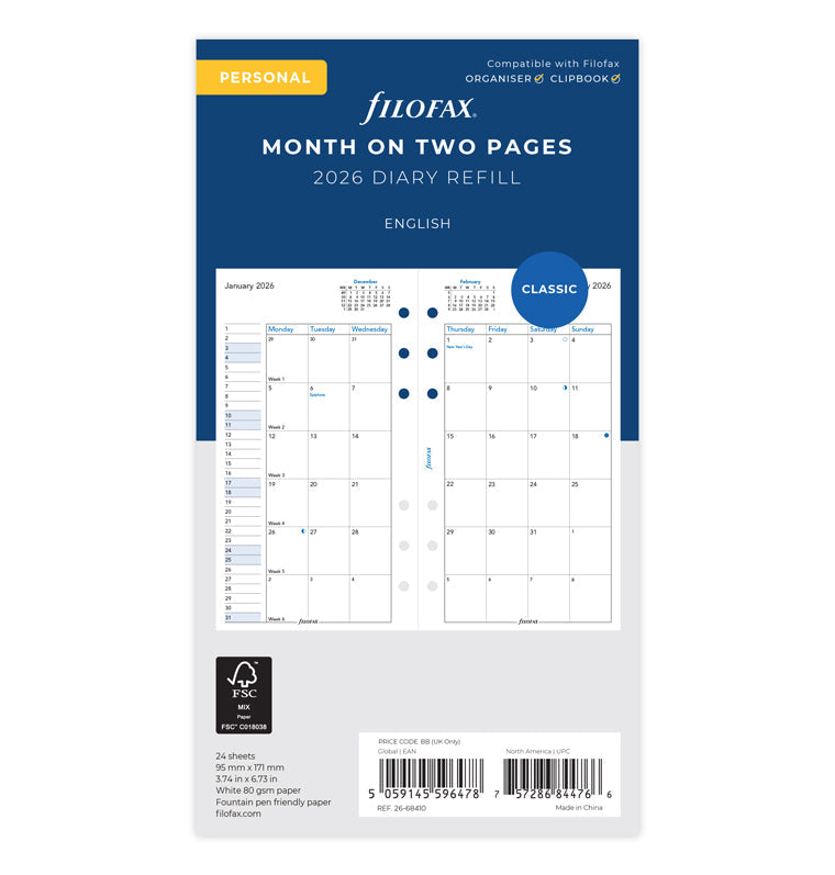 Calend. 1 Mese su 2 Pagine Personal - Inglese 2026 Filofax 26-68410