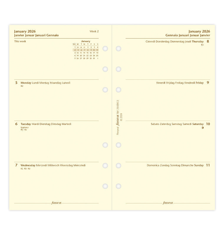 Calend. 1 Settimana su 2 Pagine Personal Crema - Multilingua 2026 Filofax 26-68413
