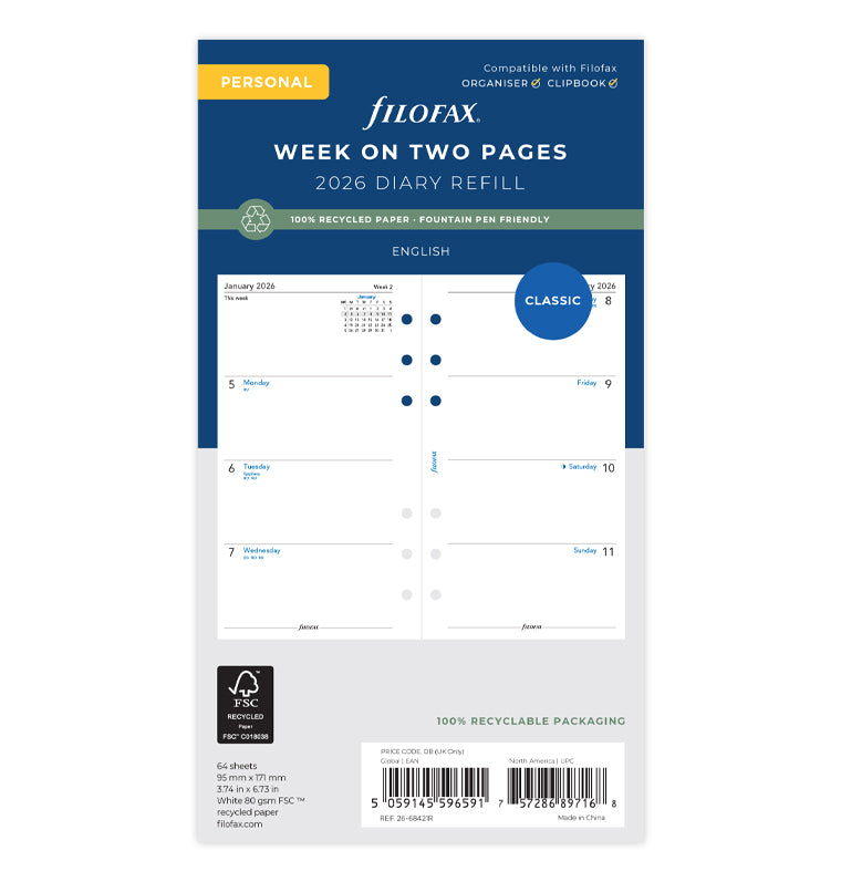 Diario settimanale su due pagine - Personal 2026 Inglese - Carta riciclata Filofax 26-68421R