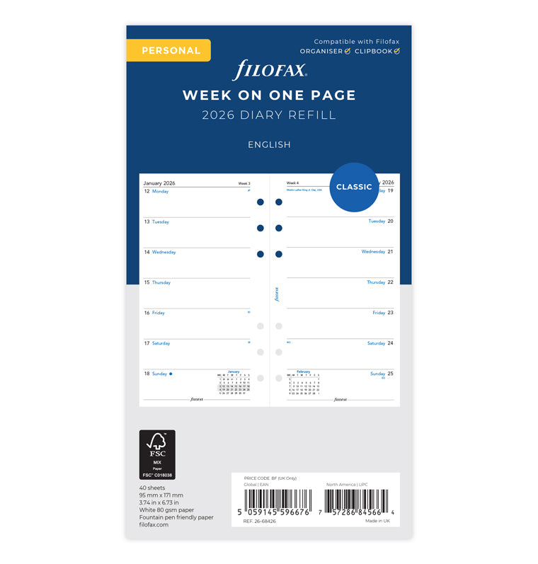 Calend. 1 Settimana per Pagina Personal - Inglese 2026 Filofax 26-68426