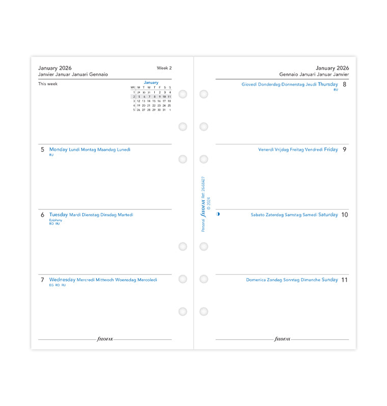 Calend. 1 Settimana su 2 Pagine Personal - Multilingua 2026 Filofax 26-68427