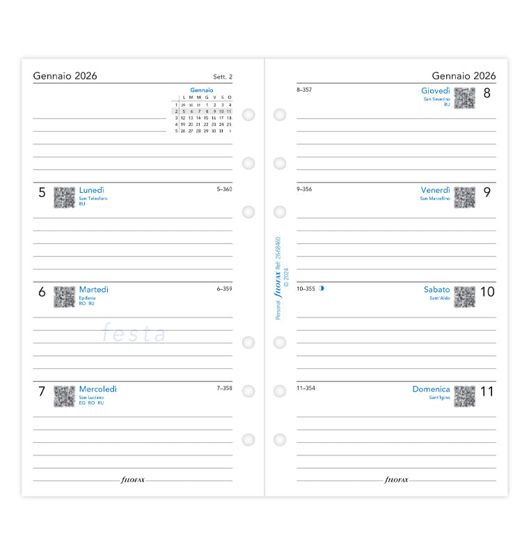 Calend. 1 Settimana su 2 Pagine Personal - Italiano 2026 Filofax 26-68460