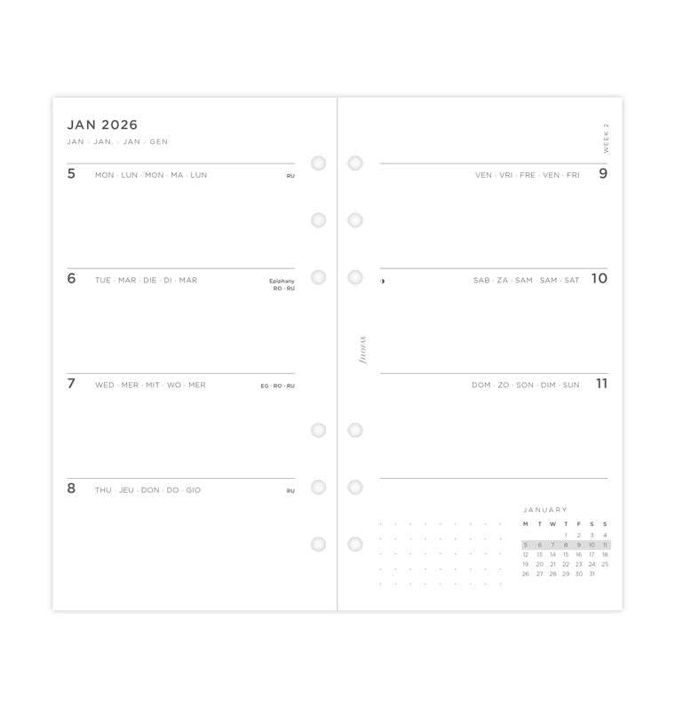 Diario Settimanale Minimal Personal - Multilingua 2026 Filofax 26-68490