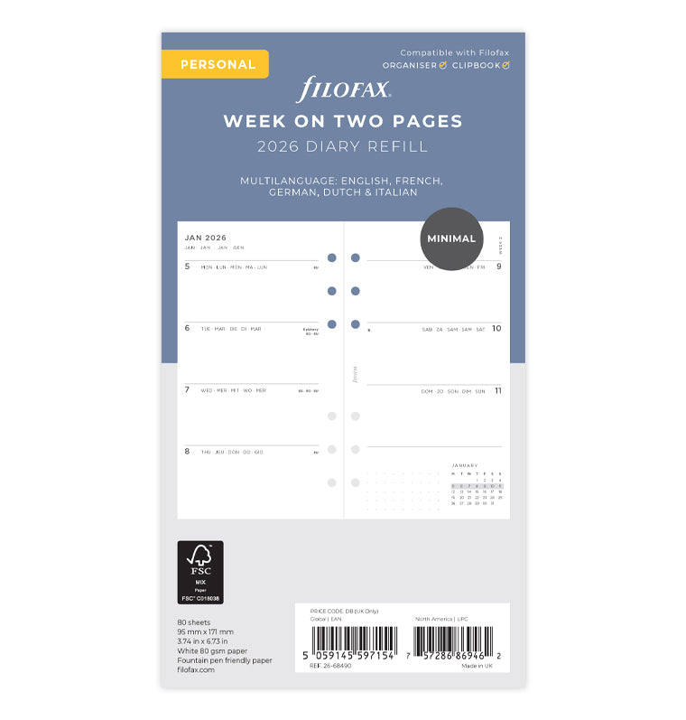 Diario Settimanale Minimal Personal - Multilingua 2026 Filofax 26-68490