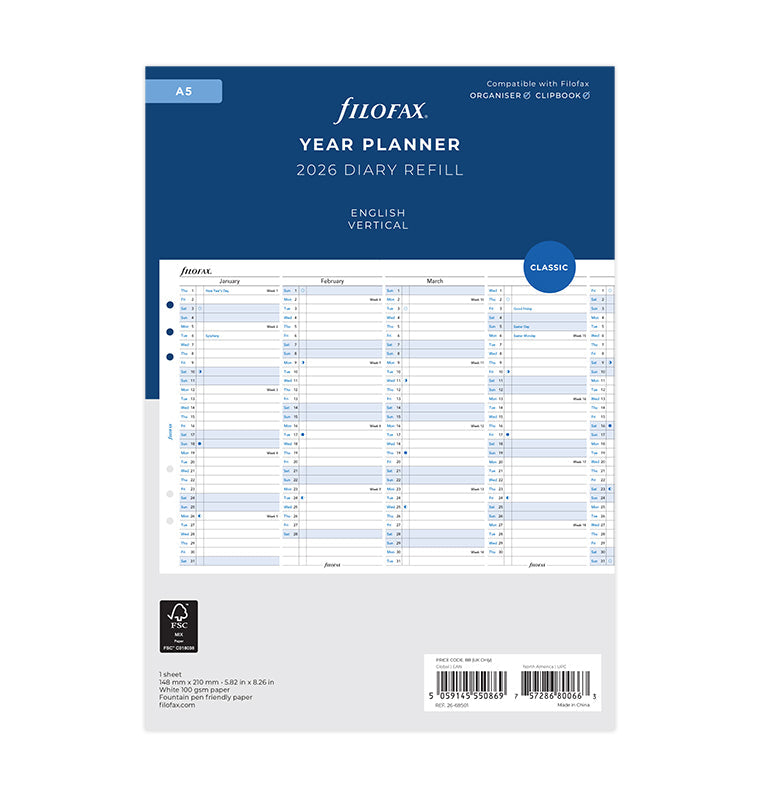 Planner annuale verticale A5 - Inglese 2026 - 26-68501