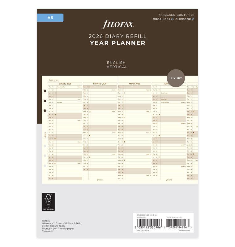 Planner annuale verticale Crema A5 - Inglese 2026