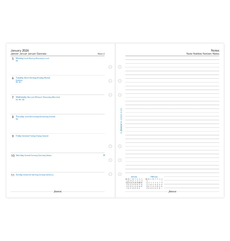 Calend. 1 Settimana per pagina A5 - Multilingua 2026 Filofax 26-68509