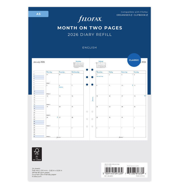 Planner mensile su 2 Pagine A5 - Inglese 2026 Filofax 26-68510