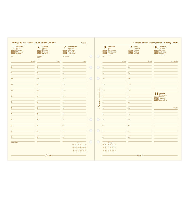 Calend. 1 Settimana su 2 Pagine + appuntamenti A5 Crema - Multilingua 2026 Filofax 26-68513