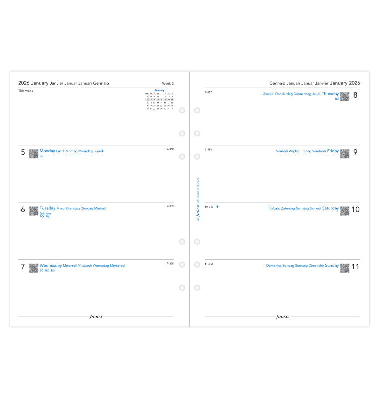 Calend. 1 Settimana su 2 Pagine A5 Multilingua 2026 Filofax 26-68516