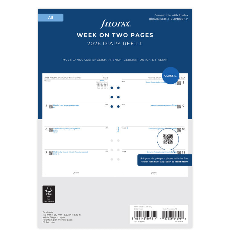 Calend. 1 Settimana su 2 Pagine A5 Multilingua 2026 Filofax 26-68516