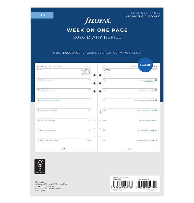 Calend. 1 Settimana per pagina A5 - Multilingua 2026 Filofax 26-68517