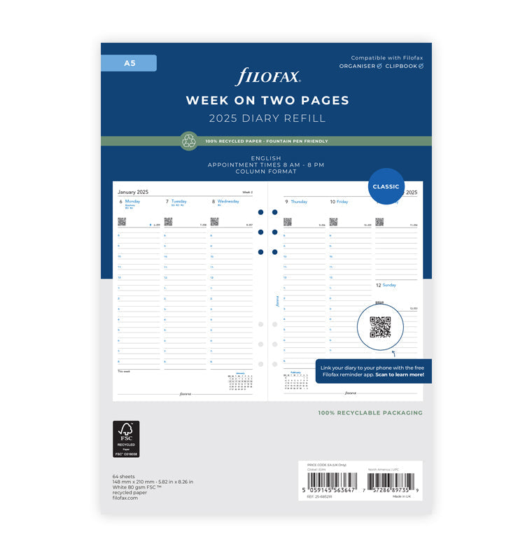 Diario settimanale su due pagine con appuntamenti - A5 2026 Inglese - Carta riciclata Filofax 26-68521R