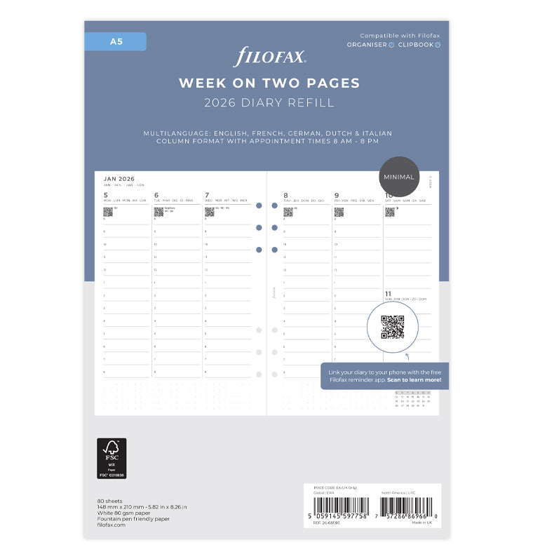 Diario Minimal settimanale verticale A5 2026 Filofax 26-68593