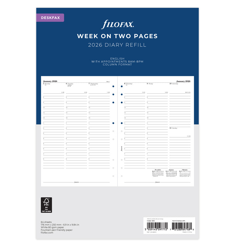 Calend. 1 Settimana su 2 pagine con appunti Deskfax - Inglese 2026 Filofax 26-68612