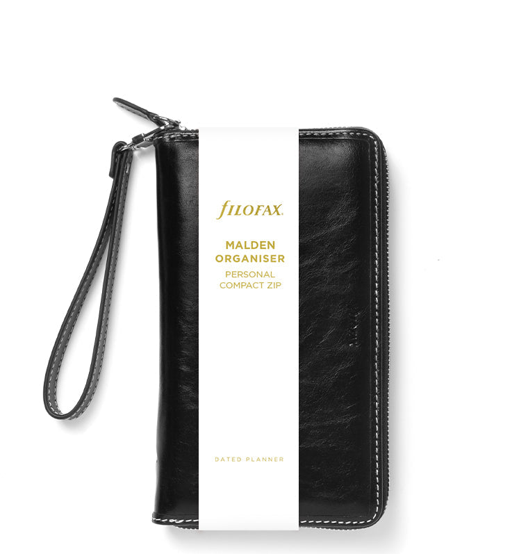 Filofax Malden Personal Compact Zip Leather Organiser in Black - in packaging