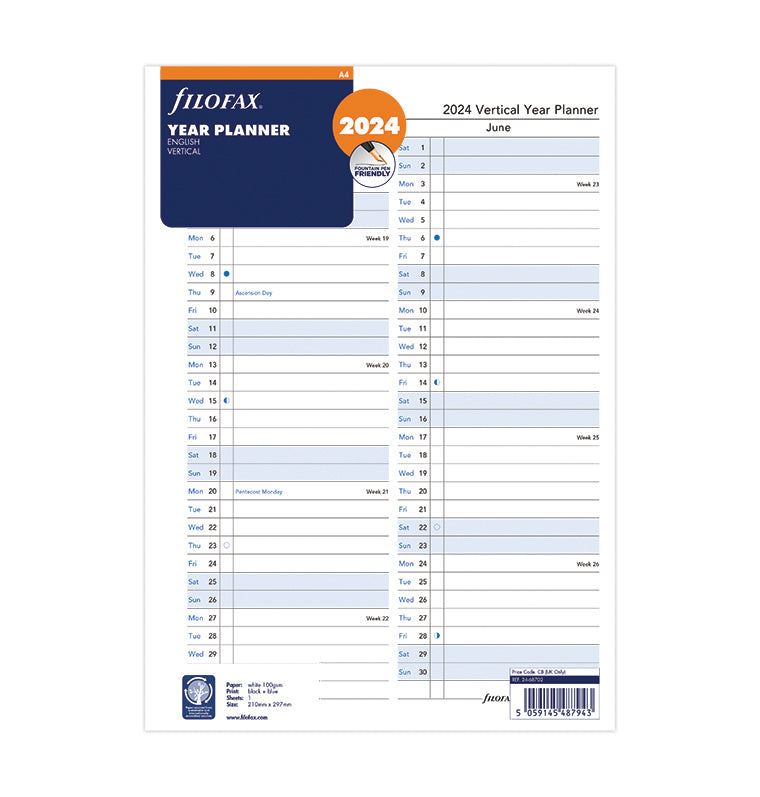 Planner annuale verticale A4 in inglese