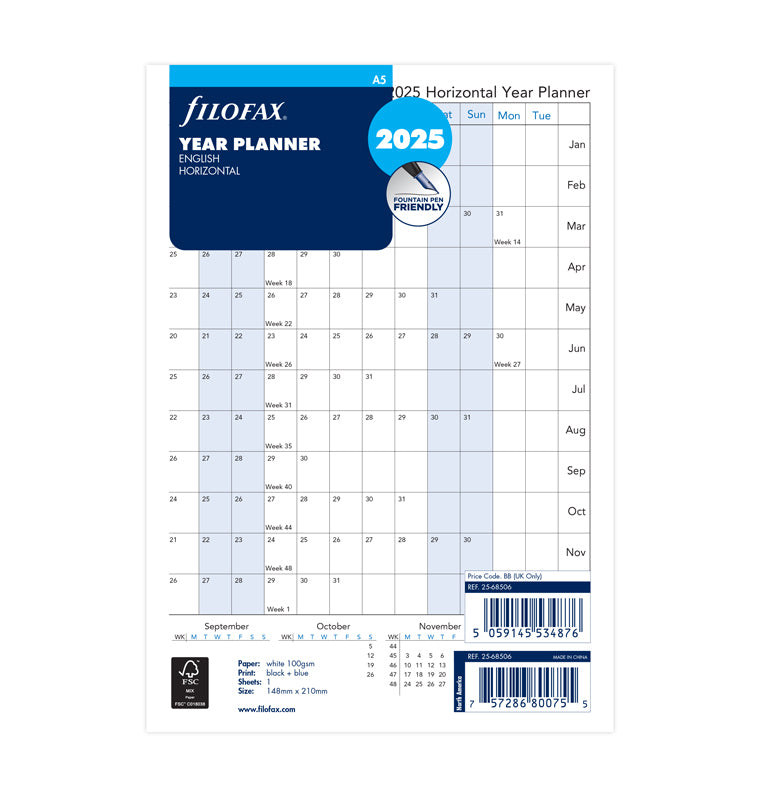 Planner annuale orizzontale A5 - Inglese 2025